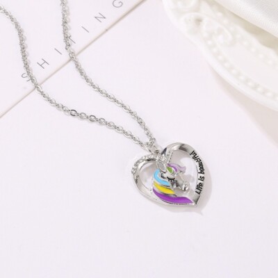 Pendentif Licorne Violet Avec Chaîne 45 Cm - Cabochon Acrylique - Cadeau Femme