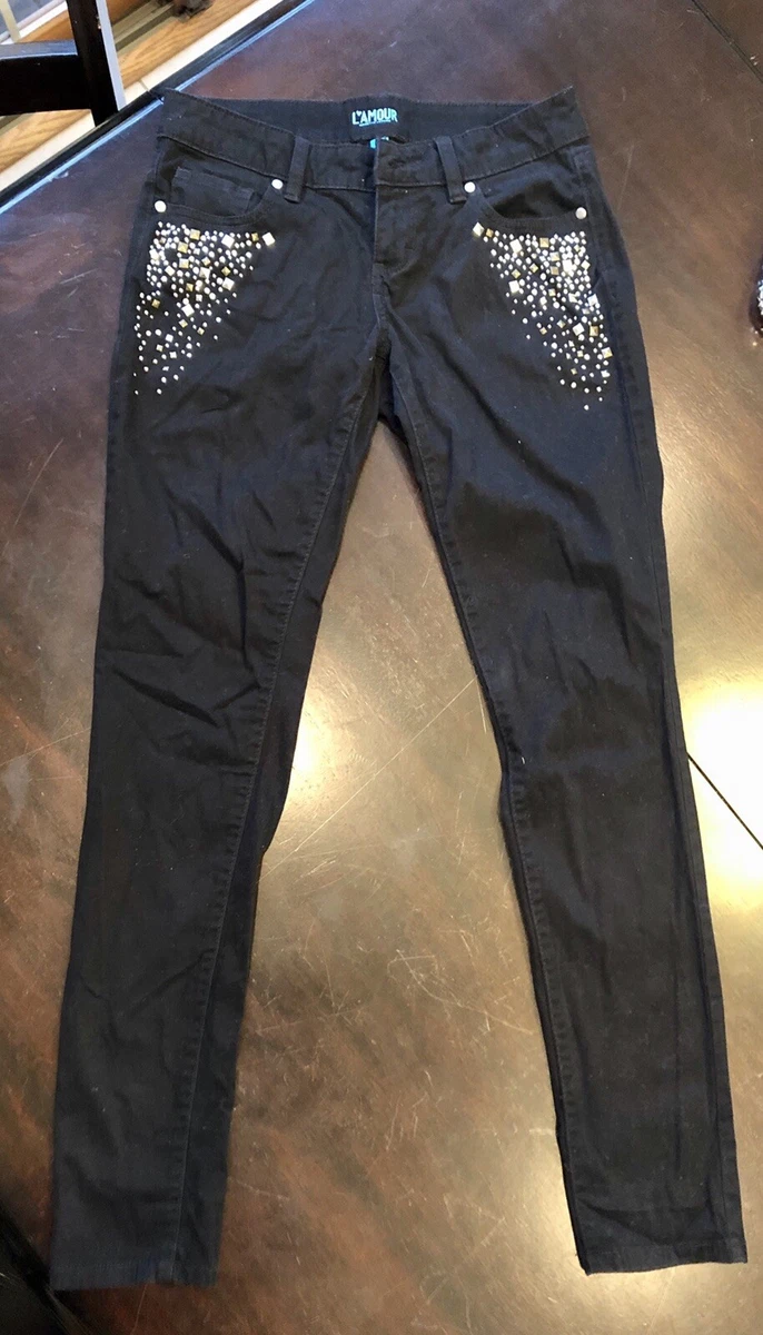 Cute Womens black pants studs jewels size 7 punk fashion jeans