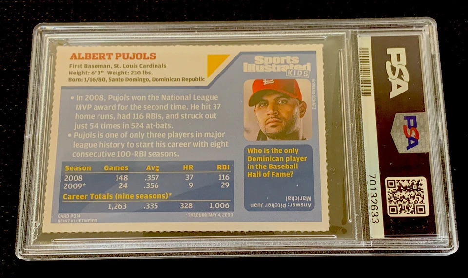ALBERT PUJOLS RARE 2009 Sports Illustrated For Kids SI MLB Cardinals MINT PSA 9 - Image 2 of 2