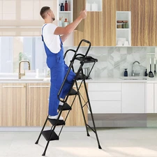 5 Step Ladder w/ Tool Tray Folding Step Stool Wide Non-Slip Pedal Handgrip Black