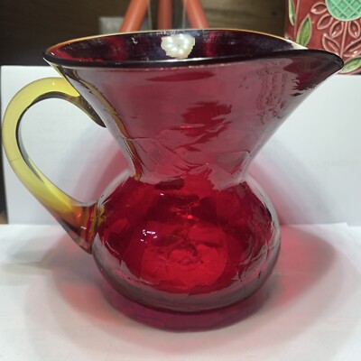 Vintage Hand Blown@Rainbow 6'' Crackle Art Glass Pitcher Wide Mouth Made in USA