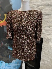 Vintage Brown Silk Sequin Short Sleeve Glamour Party Disco Blouse Top Size XS