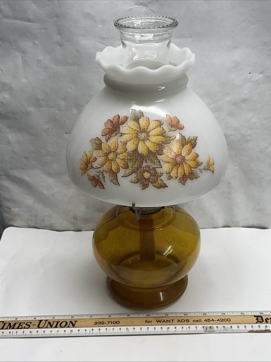 Vintage Amber Milk Glass Oil Lamp Cross Stitch Daisies Transfer