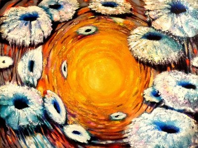 Sun Flowers in Space Original Painting 40''x30''x1'' Acrylic on Canvas