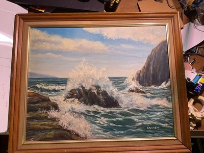 Eric Erickson Signed Oil Seascape on Board   Crashing Waves, Framed
