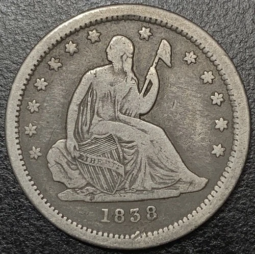 1838 P Seated Liberty Silver Quarter Dollar 25c No Drapery Choice F/VF Type Coin