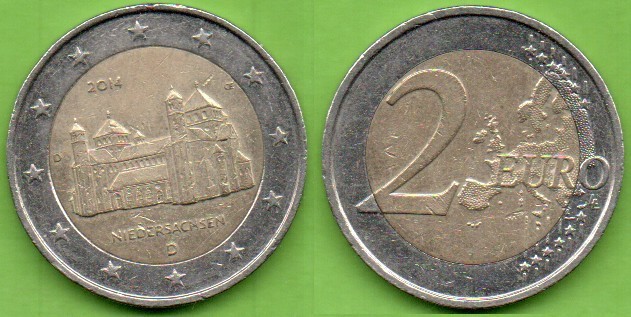 Allemagne; 2€, 2014, commémorative, Basse-Saxe, atelier D ou F, circulé, belle