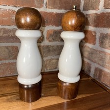 Vintage Glazed Porcelain Salt Shaker Pepper Grinder Set Watermill 9 Inches Tall