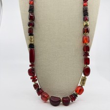 Red Mixed Bead Long Necklace Gold Tone Bohemian Chunky Statement Jewelry Gift