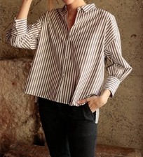 Nili Lotan Cotton Lonnie Shirt Boxy Oversized Fit Sz S Hi-Lo Taupe White Stripe