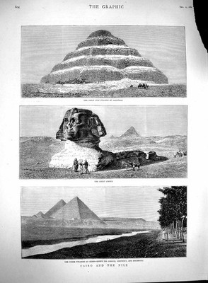 Alter antiker Druck 1880 Kairo Pyramide Sakkarah Sphinx Gizeh Khufu Chephren 19.