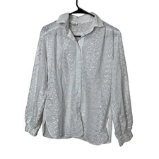 Vintage All Hours Womens White Embroidered Eyelet Shirt Bohemian Cottagecore