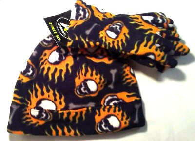 Athletech Boys Fleece 2 piece Skull w/ Fire Hat/Glove Set NWT S/M 4-7