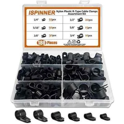 ISPINNER 180Pc Nylon Plastic R-Type Cable Clamps Clips Fasteners,Assortment Kit for Cable
