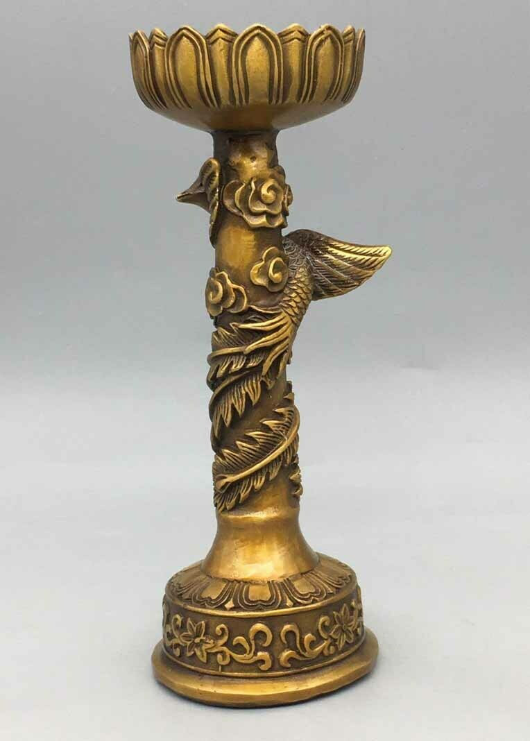 China Old Tibet Buddhism Xuande Mark Bronze Gilt Dragon Phoenix Candlestick Pair