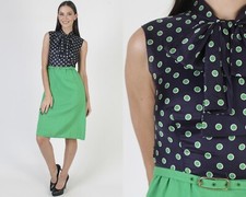 Vintage 60s Mod Secretary Dress Navy Polka Dot Bow Tie Pencil Skirt Belted Mini