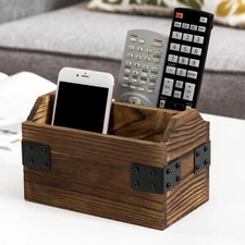 MyGift 2 Slot Rustic Dark Brown Burnt Solid Wood Remote Control Holder Caddy