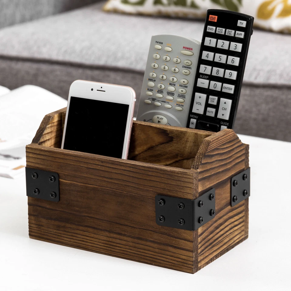 MyGift 2 Slot Rustic Dark Brown Burnt Solid Wood Remote Control Holder Caddy