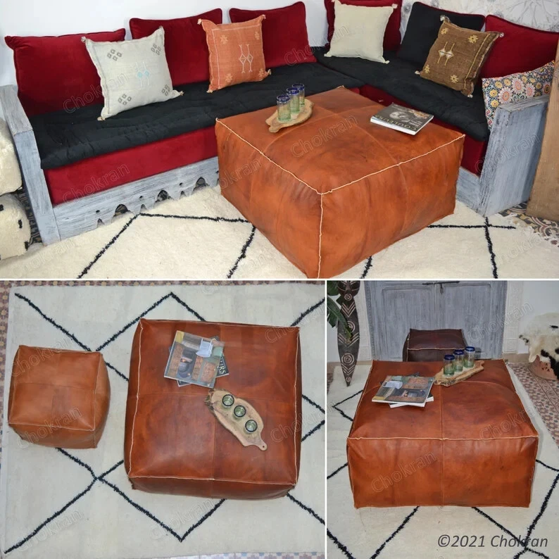 Leather Footstool Pouffe Boho Moroccan 30'' Unstuffed Study and Living Room Deco - Image 2 of 4