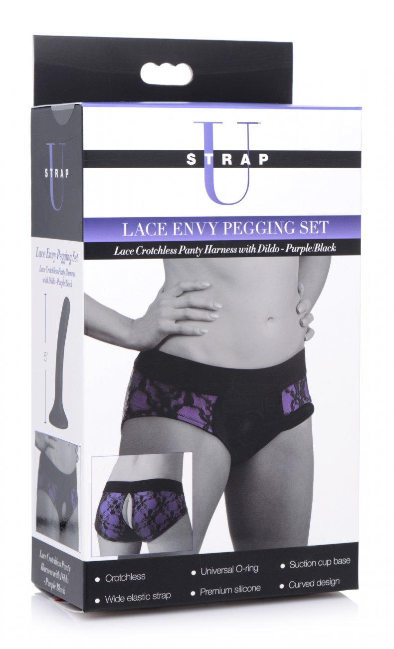Strap U Lace Envy Pegging Set with Lace Crotchless Panty Harness and