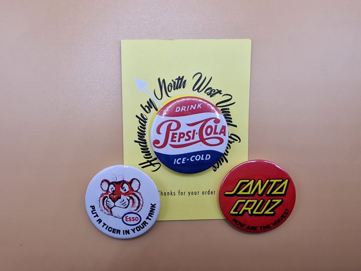Pin badge collection (Retro Pepsi, ESSO Tiger, Santa Cruz 5sos)
