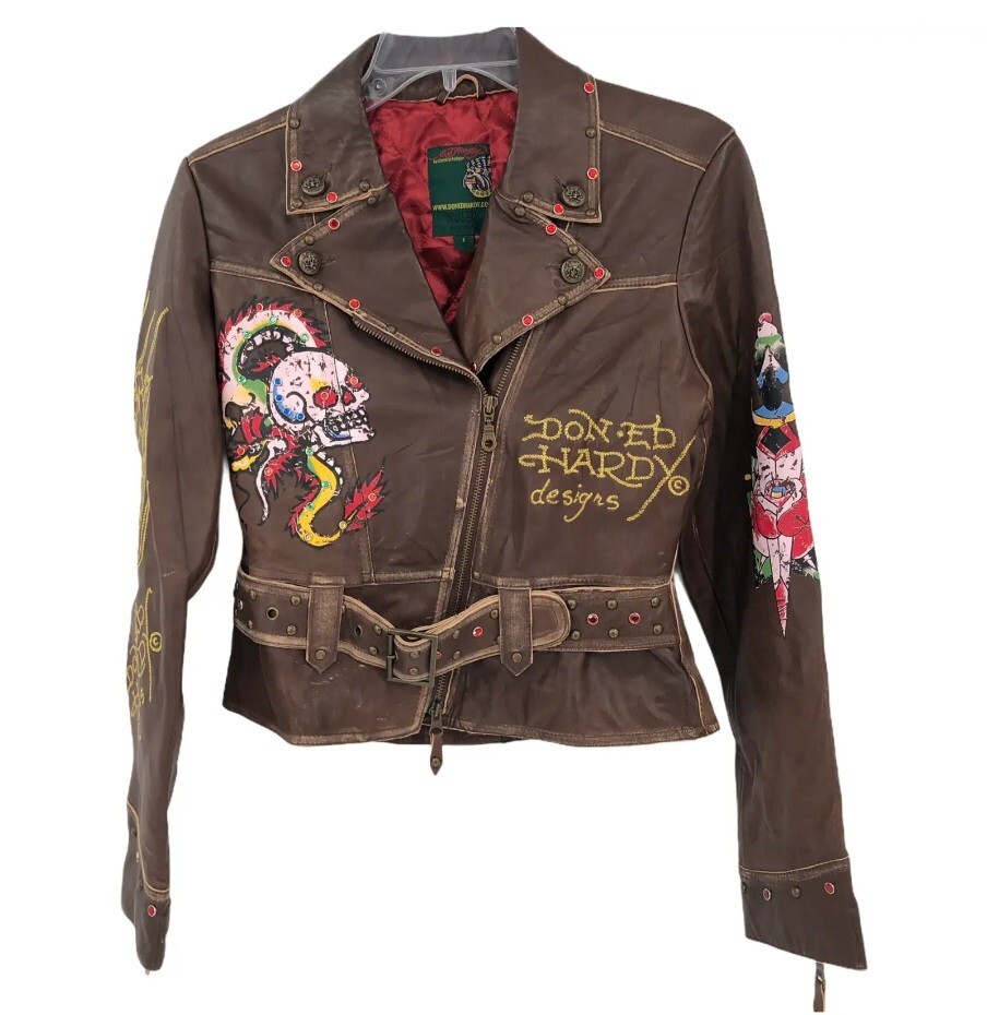 🚨🔥Vintage Ed Hardy Hardy Christian Audigier Womens Leather Jacket SM Moto image 3