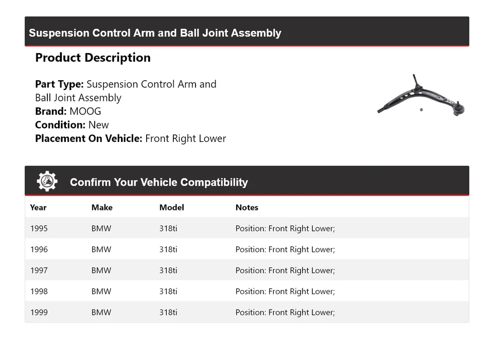 Conjunto de rótula de brazo de control delantero derecho inferior MOOG para BMW 318ti 1995-1999 Foto 2 de 4