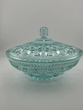 Vintage Indiana Glass Windsor Candy Dish Bowl With Lid Teal Aqua Blue 7.5 inch