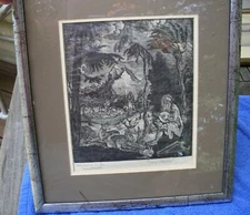 Vintage Framed DUTCH Woodcut Print-ORPHEUS CHARMING THE ANIMALS-Signed-Age? 