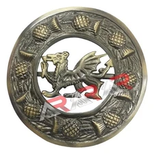 AAR Scottish Kilt Fly Plaid Brooch Welsh Dragon Antique Finish 3" (7cm) diameter