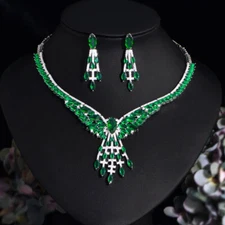 Silver Plated CZ Leaf Earrings Wedding Necklace for Brides Costume Jewelry Set 