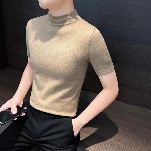Half Turtle Neck Men Base Shirt Spring New Short-sleeved Sweater Knitted T-shirt - Picture 27 of 32