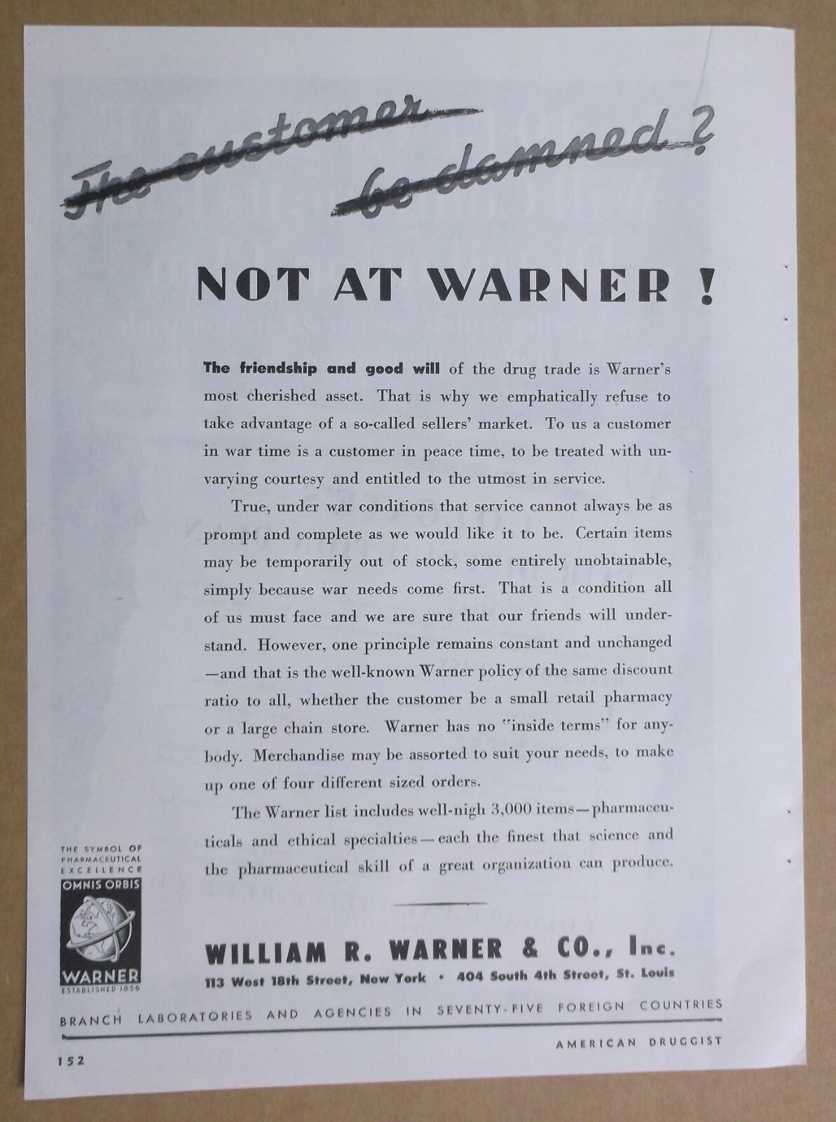 1944 COLGATE-PALMOLIVE-PEET Magazine AD~WW II DISTRIBUTION PLAN~William R Warner