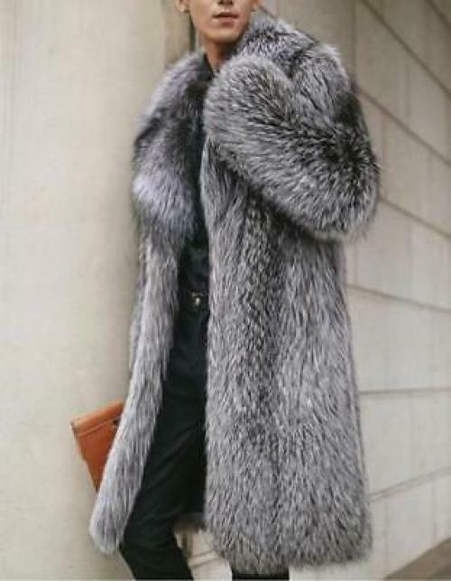 Mens Warm Faux Fox Fur Coat Long Jacket Big Furry Collar