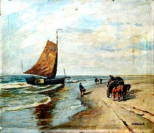 Gemälde Öl Leinwand Adolf Rheinert Düsseldorf Meer Strand Schiff Boot 80 x 70 cm