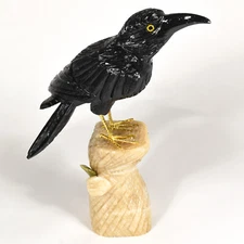 8.9" Black Onyx Raven on Caramel Onyx Base Collectible Crow Bird Figurine - Peru