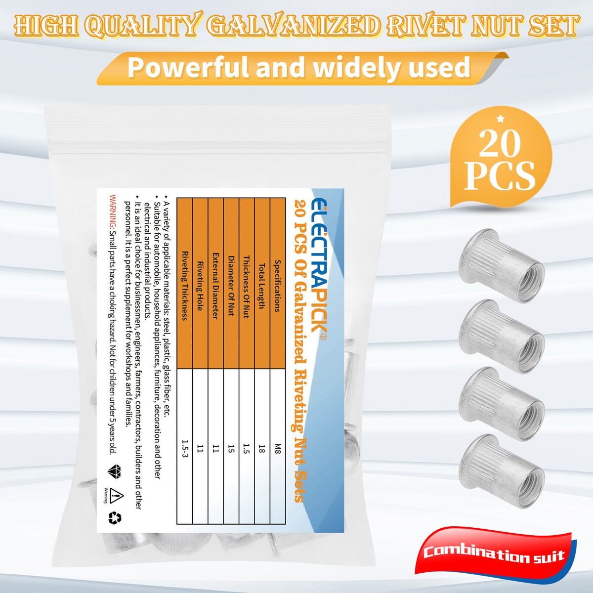 20Pcs Aluminum Flat Head Flange Nutserts Threaded Rivet Nut Rivnut Nutsert M8