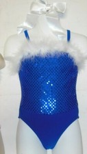 Faux Sequin Royal Blue Leotard White feather trim Dance Holiday Girls Sizes