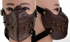 PU Leather Mask Half Face BROWN STEAM PUNK SPIKES RIVET Halloween Cosplay BIKER 
