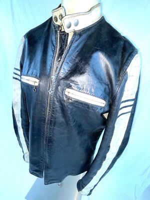 VTG 70S MENS M BROOKS BLACK WHITE LEATHER MOTORCYCLE BIKER CAFE