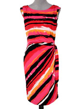 Tahari Dress Womens 8 Black Pink Stripe Stretch Knit Lined Ruched Side Tie
