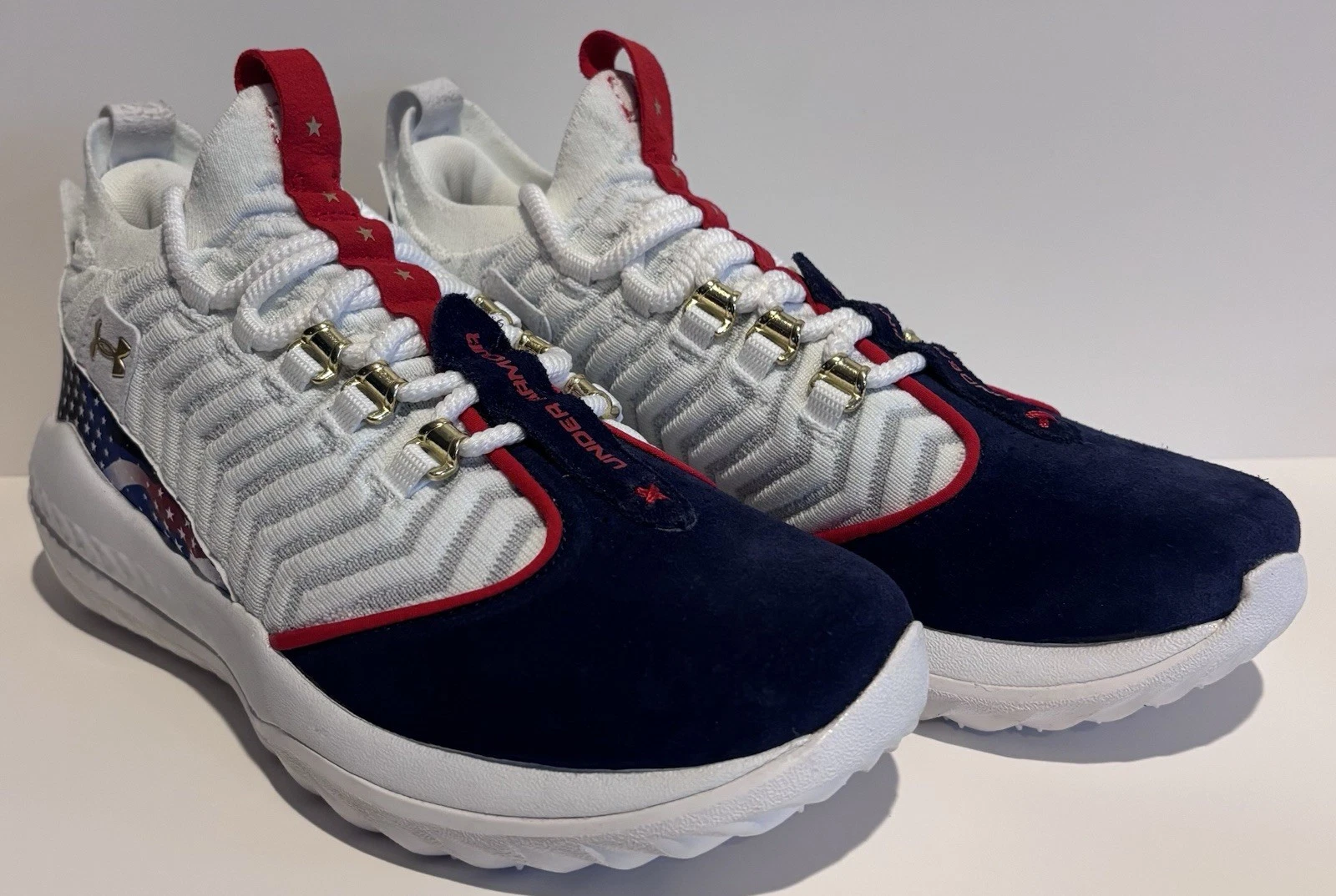 Under Armour Bryce Harper 9 Turf Baseball Shoes White Blue USA Sz 6.5, 7, 7.5, 8