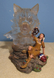 Lighted Wolf over Native Maiden Figurine