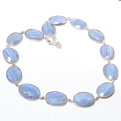 Natural Blue Lace Agate Necklace 925 Sterling Silver Oval Beads Adjustable Chain