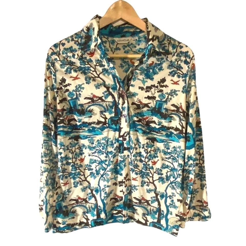 Vintage DAVID SMITH 70s Equestrian Print Half Button Popover Shirt Novelty Men S - Image 2 of 4