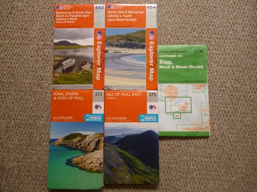 5 X OS 1 :25000 MAPS EXPLORER 373,375,453,454 MULL AND UIST + PATHFINDER EIGG