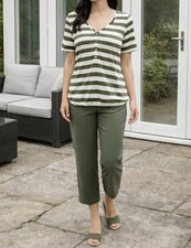 Next Size 14 Green White Stripe Top Elastic Hem Short Sleeve Casual