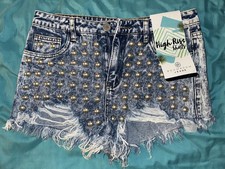 Boom Boom Silver Studded Jean Shorts Size 9 Distressed High Rise NWT