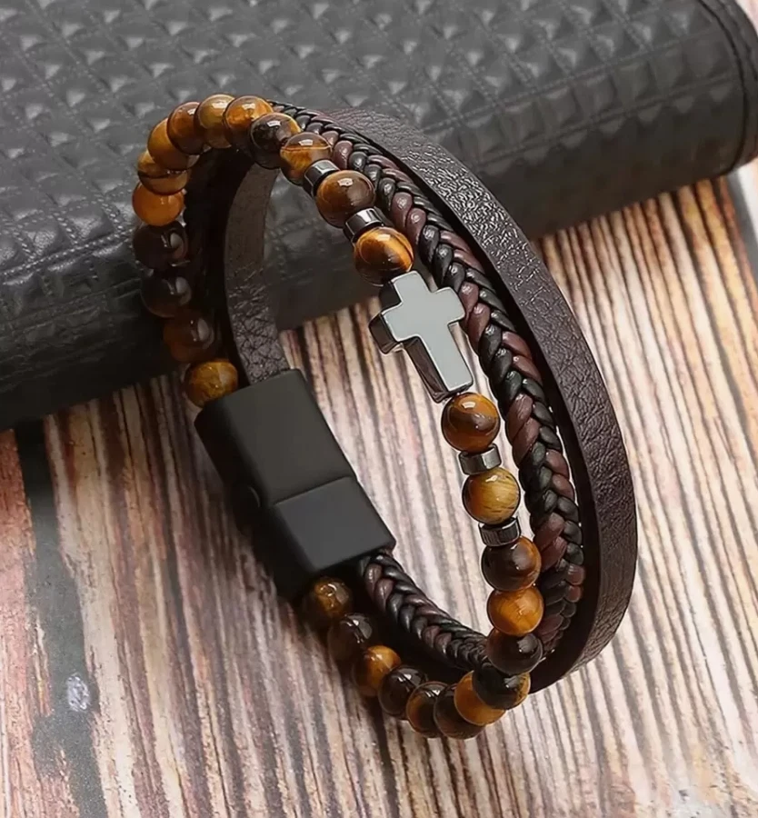 Brazalete brazalete brazalete brazalete de cuero trenzado cruz ojo de tigre para hombre joyería de piedra con cuentas Foto 3 de 4