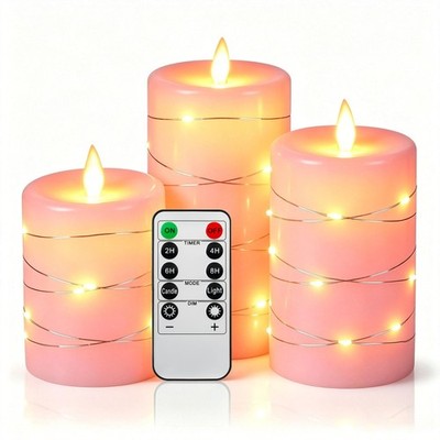 Da by 3 Pack Pink Real Wax Flameless Taper Candles, Rose#3*1, Rose#3*1